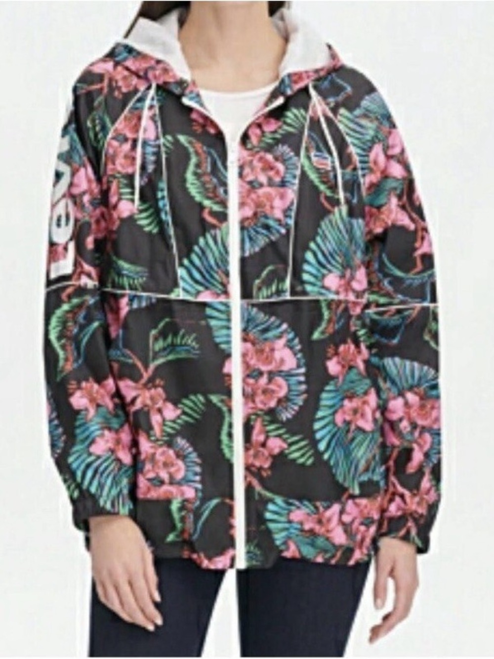 Levi's Women's Black Tropical Floral Lightweight Hooded Anorak Rain Jacket M/L